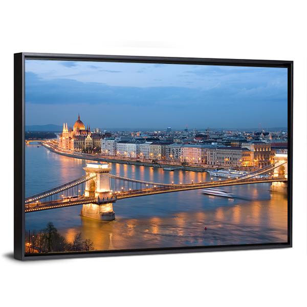 Chain Bridge On Danube River Canvas Wall Art-3 Horizontal-Gallery Wrap-25" x 16"-Tiaracle