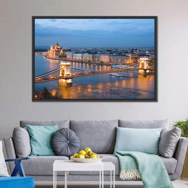 Chain Bridge On Danube River Canvas Wall Art-1 Piece-Floating Frame-36" x 12"-Tiaracle