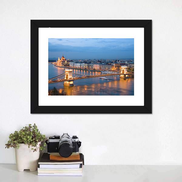 Chain Bridge On Danube River Canvas Wall Art-1 Piece-Framed Print-20" x 16"-Tiaracle