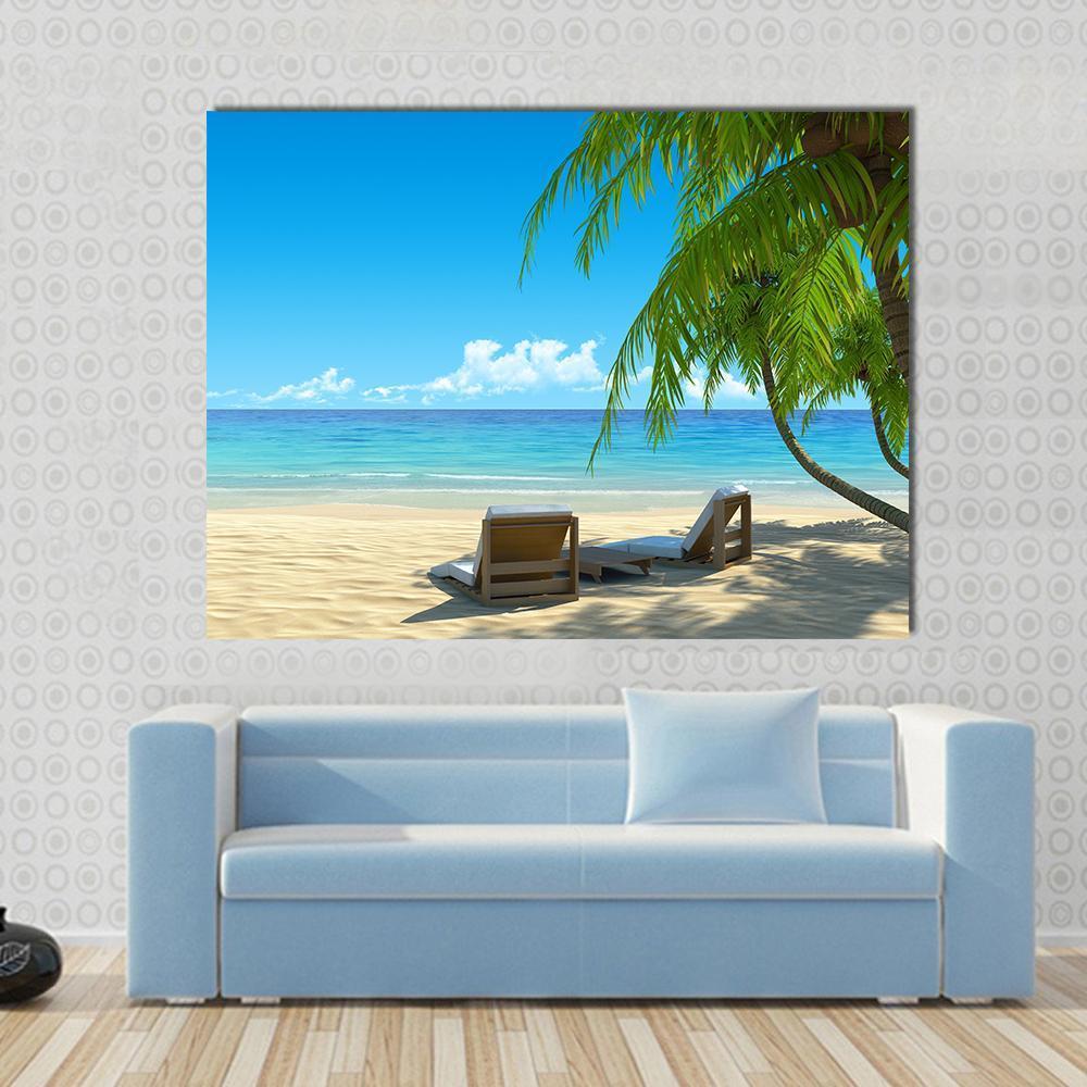 Chairs on Tropical Beach Canvas Wall Art in beige, green and blue, single panel hung on a wall