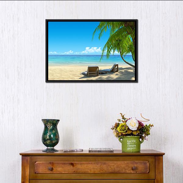 Chairs on Tropical Beach Canvas Wall Art in beige, green and blue, framed canvas, product view on a white background