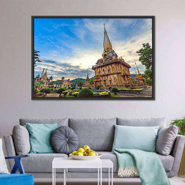 Chalong Temple with Golden Spire Canvas Wall Art in gold, yellow and blue, framed canvas, product view on a white background