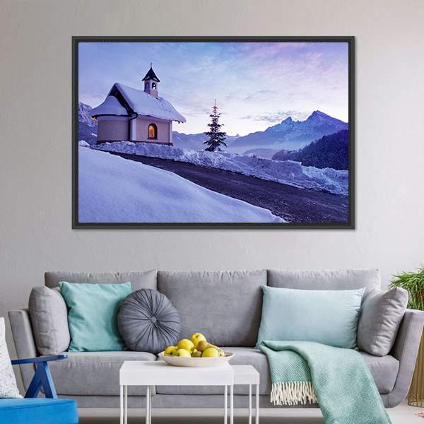 Chapel At Lockstein Berchtesgaden Canvas Wall Art-1 Piece-Floating Frame-24" x 16"-Tiaracle