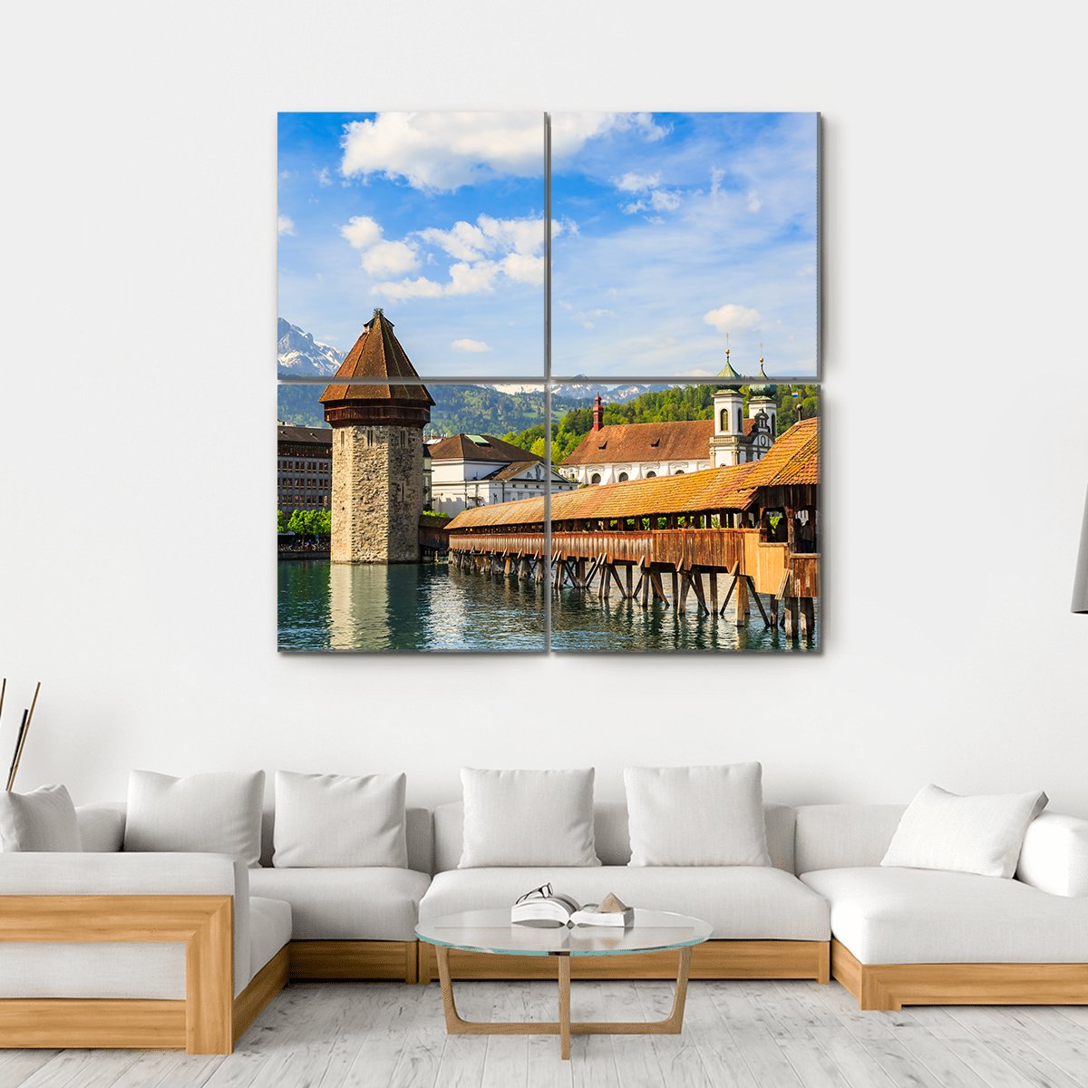 Chapel Bridge &amp; Reuss River Canvas Wall Art-4 Square-Gallery Wrap-17" x 17"-Tiaracle