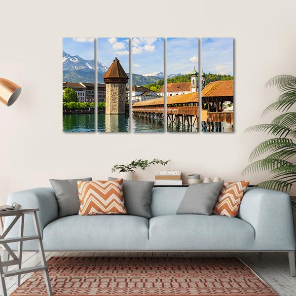 Chapel Bridge &amp; Reuss River Canvas Wall Art-5 Horizontal-Gallery Wrap-22" x 12"-Tiaracle