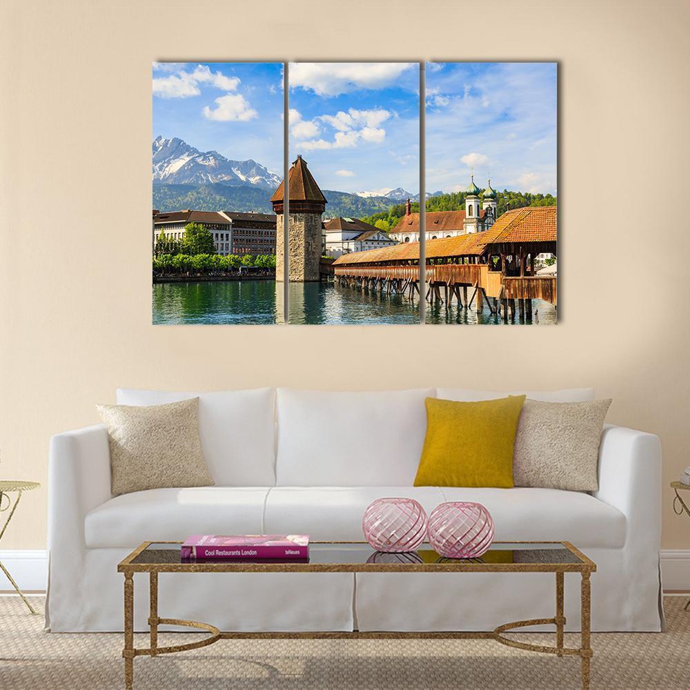 Chapel Bridge & Reuss River Canvas Wall Art-1 Piece-Gallery Wrap-48" x 32"-Tiaracle