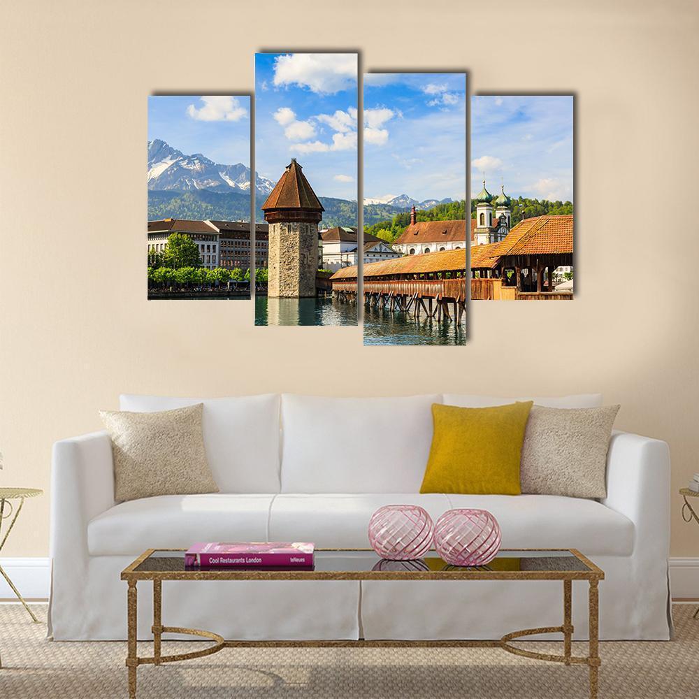 Chapel Bridge &amp; Reuss River Canvas Wall Art-4 Pop-Gallery Wrap-50" x 32"-Tiaracle