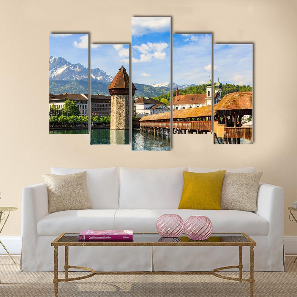 Chapel Bridge &amp; Reuss River Canvas Wall Art-5 Pop-Gallery Wrap-47" x 32"-Tiaracle