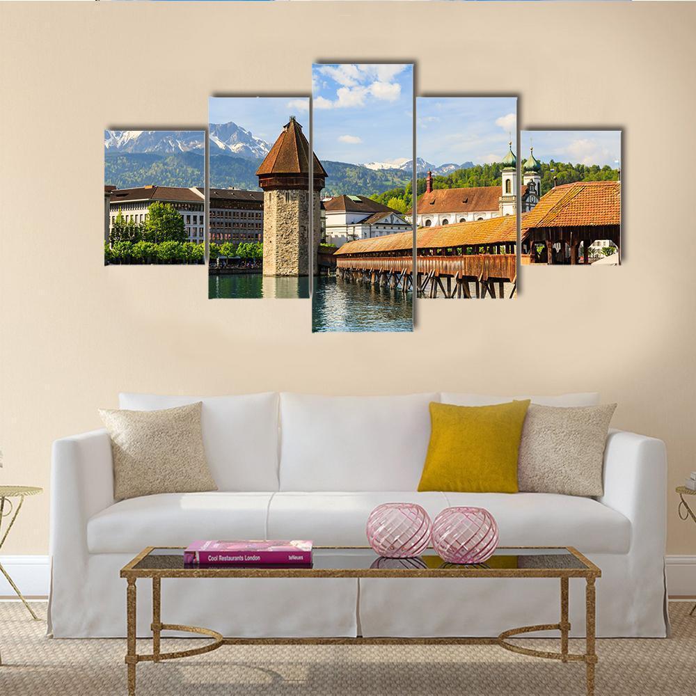 Chapel Bridge &amp; Reuss River Canvas Wall Art-5 Star-Gallery Wrap-62" x 32"-Tiaracle