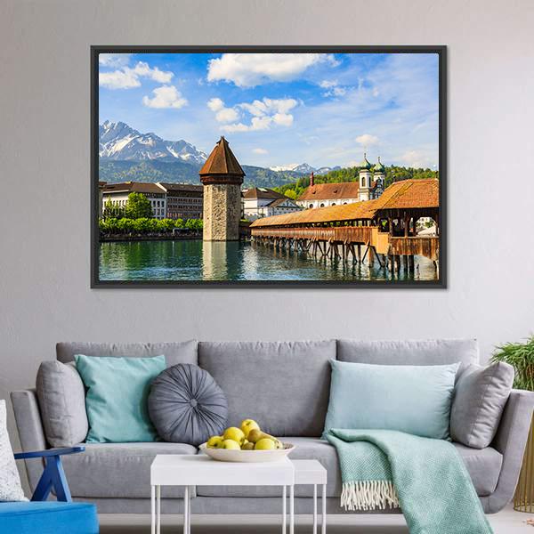 Chapel Bridge Over the Reuss River Canvas Wall Art in brown, green and blue, framed canvas, product view on a white background