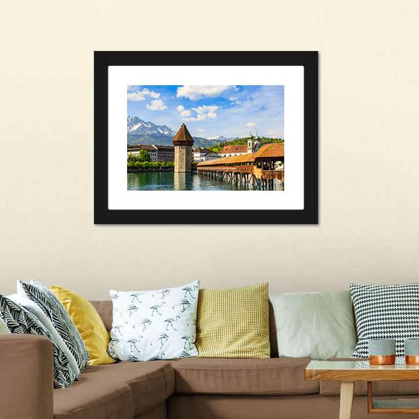 Chapel Bridge &amp; Reuss River Canvas Wall Art-3 Horizontal-Gallery Wrap-25" x 16"-Tiaracle