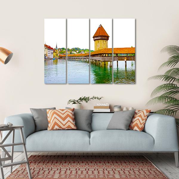 Chapel Bridge And Water Tower In Luzern Canvas Wall Art-4 Horizontal-Gallery Wrap-34" x 24"-Tiaracle