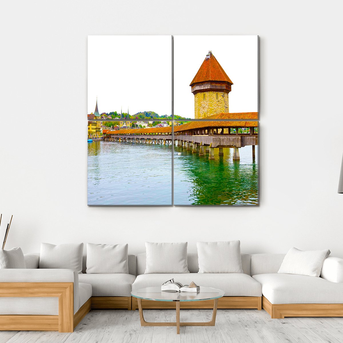 Chapel Bridge And Water Tower In Luzern Canvas Wall Art-4 Square-Gallery Wrap-17" x 17"-Tiaracle