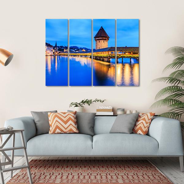 Chapel Bridge In Evening Canvas Wall Art-4 Horizontal-Gallery Wrap-34" x 24"-Tiaracle