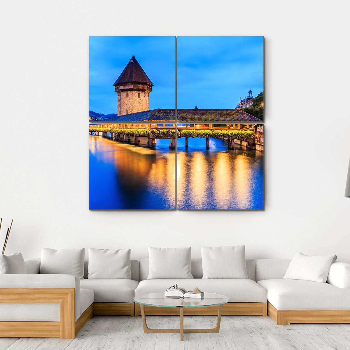 Chapel Bridge In Evening Canvas Wall Art-4 Square-Gallery Wrap-17" x 17"-Tiaracle