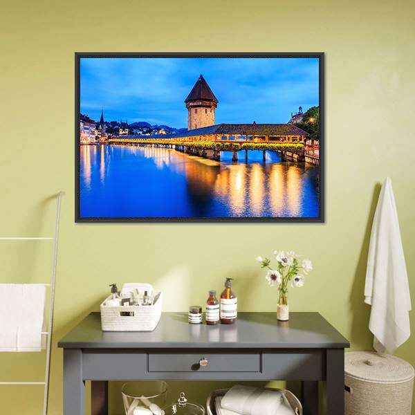Chapel Bridge Lucerne Evening Canvas Wall Art in orange, yellow and blue, framed canvas, product view on a white background