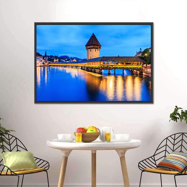 Chapel Bridge In Evening Canvas Wall Art-3 Horizontal-Gallery Wrap-25" x 16"-Tiaracle
