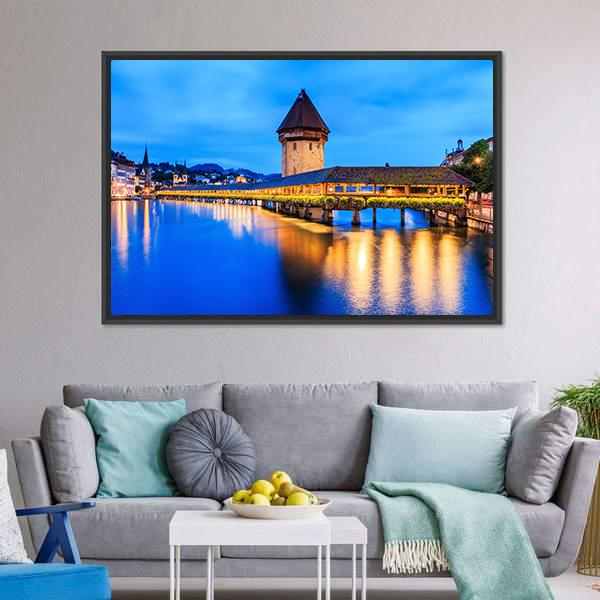Chapel Bridge In Evening Canvas Wall Art-3 Horizontal-Gallery Wrap-25" x 16"-Tiaracle