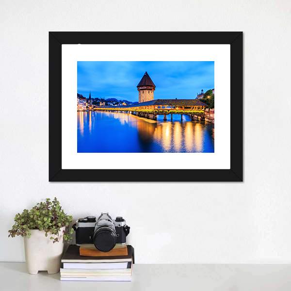 Chapel Bridge In Evening Canvas Wall Art-1 Piece-Framed Print-20" x 16"-Tiaracle