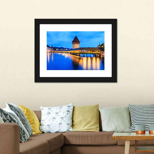 Chapel Bridge In Evening Canvas Wall Art-3 Horizontal-Gallery Wrap-25" x 16"-Tiaracle