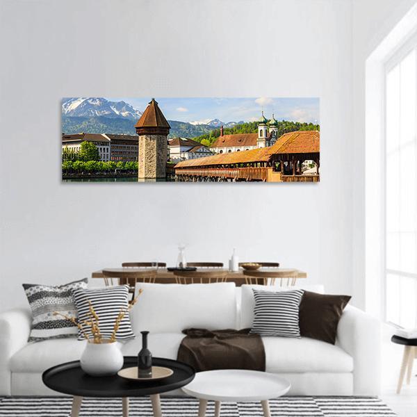 Chapel Bridge &amp; Reuss River Panoramic Canvas Wall Art-1 Piece-36" x 12"-Tiaracle