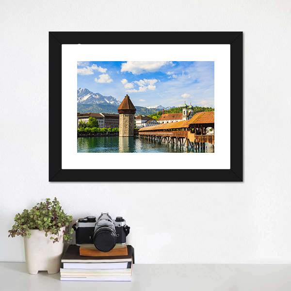 Chapel Bridge &amp; Reuss River Canvas Wall Art-1 Piece-Framed Print-20" x 16"-Tiaracle