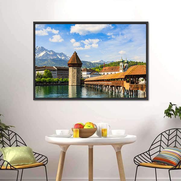 Chapel Bridge &amp; Reuss River Canvas Wall Art-5 Horizontal-Gallery Wrap-22" x 12"-Tiaracle