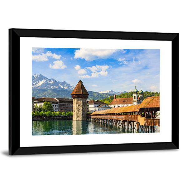 Chapel Bridge &amp; Reuss River Canvas Wall Art-5 Horizontal-Gallery Wrap-22" x 12"-Tiaracle