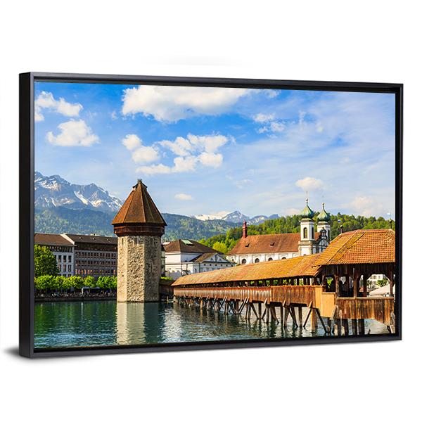 Chapel Bridge &amp; Reuss River Panoramic Canvas Wall Art-1 Piece-36" x 12"-Tiaracle