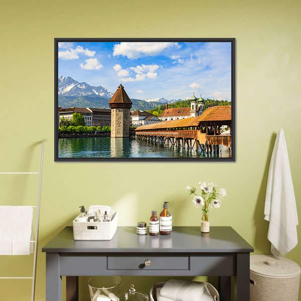 Chapel Bridge &amp; Reuss River Panoramic Canvas Wall Art-1 Piece-36" x 12"-Tiaracle