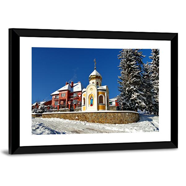 Chapel With The Face Of Saint On Wall And Dome Canvas Wall Art-5 Horizontal-Gallery Wrap-22" x 12"-Tiaracle
