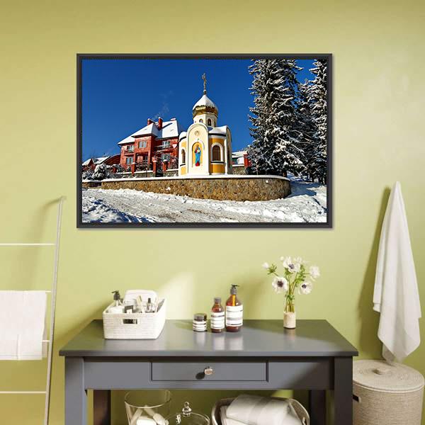 Chapel With The Face Of Saint On Wall And Dome Canvas Wall Art-3 Horizontal-Gallery Wrap-25" x 16"-Tiaracle