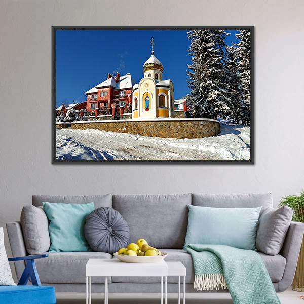 Chapel With The Face Of Saint On Wall And Dome Canvas Wall Art-1 Piece-Floating Frame-24" x 16"-Tiaracle