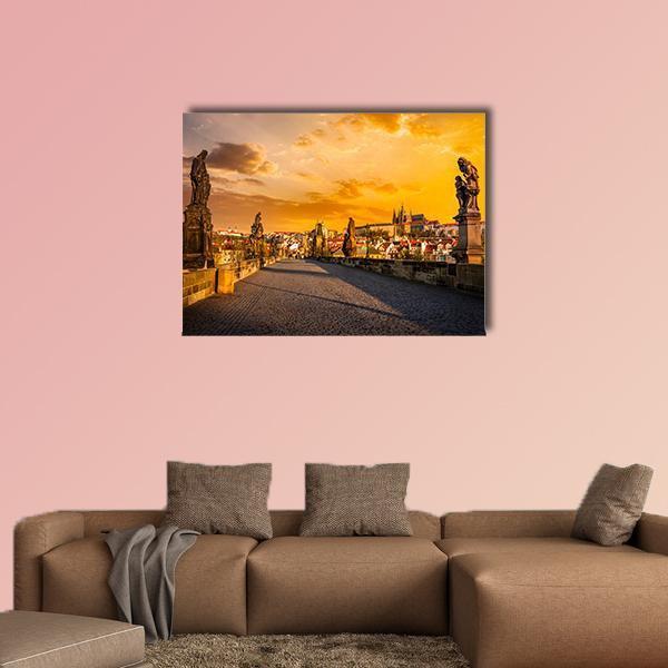 Charles Bridge and Prague Castle at Sunset Canvas Wall Art in brown, orange and yellow, single panel hung on a wall