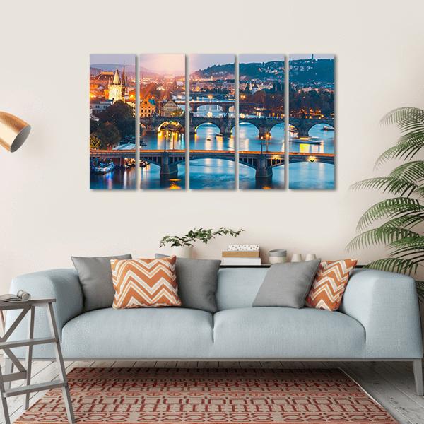 Charles Bridge &amp; Vltava River Canvas Wall Art-5 Horizontal-Gallery Wrap-22" x 12"-Tiaracle