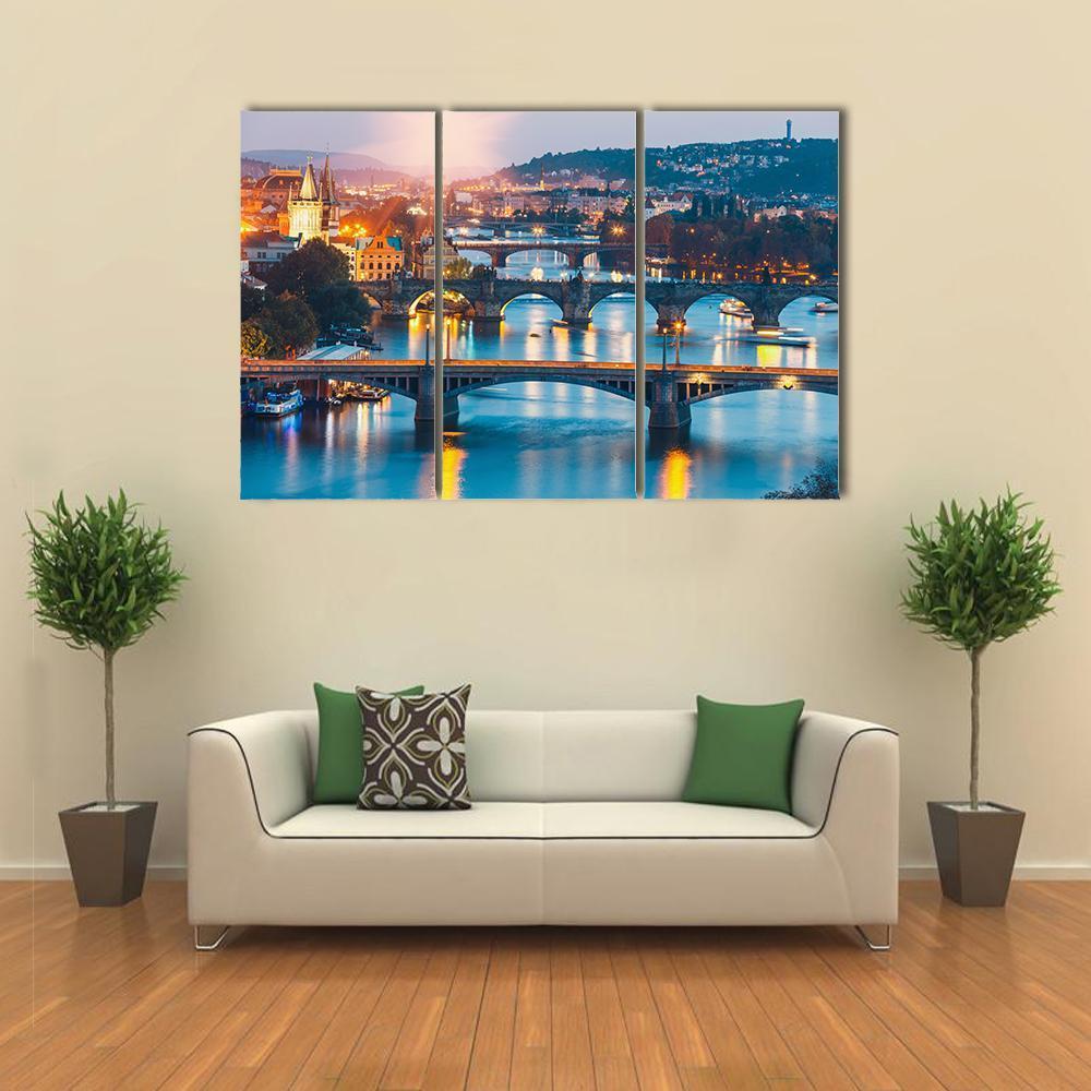 Charles Bridge &amp; Vltava River Canvas Wall Art-3 Horizontal-Gallery Wrap-37" x 24"-Tiaracle