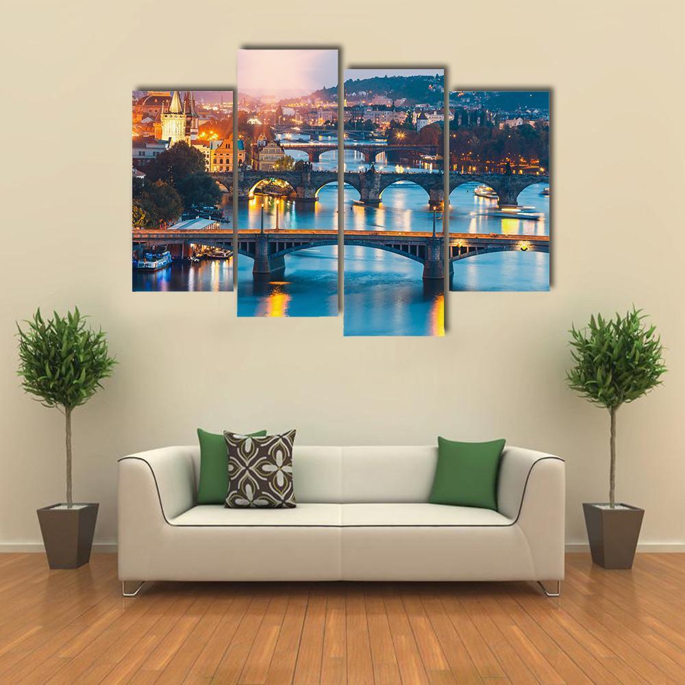 Charles Bridge &amp; Vltava River Canvas Wall Art-4 Pop-Gallery Wrap-50" x 32"-Tiaracle
