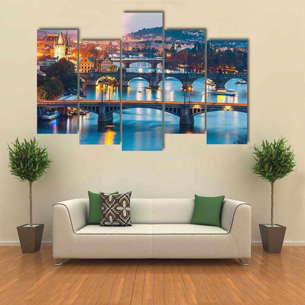 Charles Bridge &amp; Vltava River Canvas Wall Art-5 Pop-Gallery Wrap-47" x 32"-Tiaracle