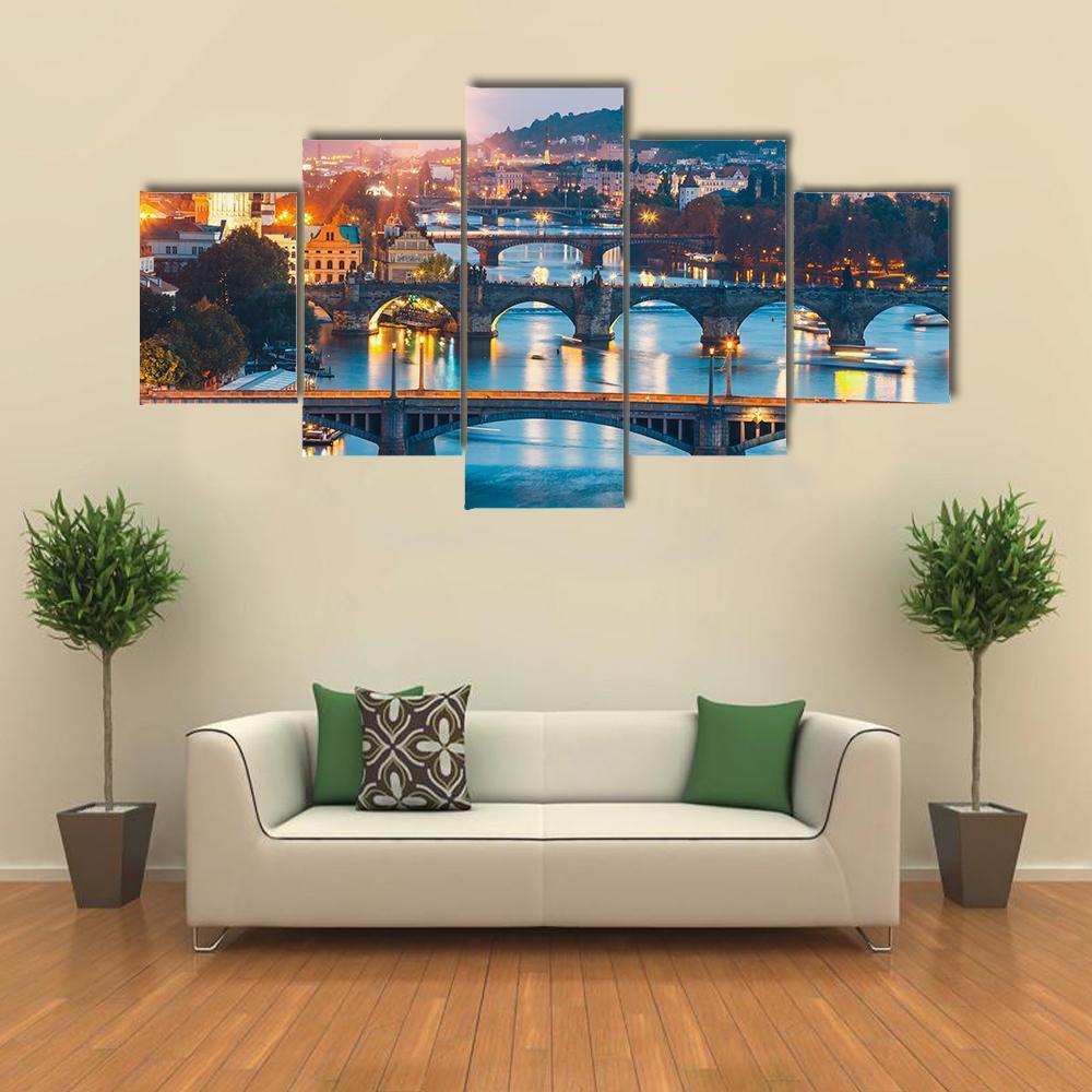 Charles Bridge &amp; Vltava River Canvas Wall Art-5 Star-Gallery Wrap-62" x 32"-Tiaracle