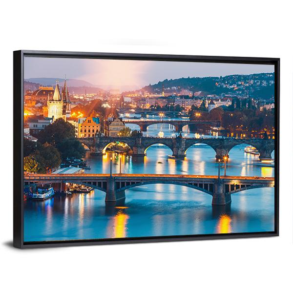 Charles Bridge &amp; Vltava River Canvas Wall Art-3 Horizontal-Gallery Wrap-25" x 16"-Tiaracle