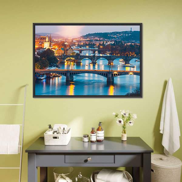Charles Bridge &amp; Vltava River Canvas Wall Art-3 Horizontal-Gallery Wrap-25" x 16"-Tiaracle