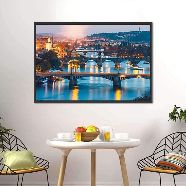 Charles Bridge & Vltava River Canvas Wall Art-3 Horizontal-Gallery Wrap-25" x 16"-Tiaracle
