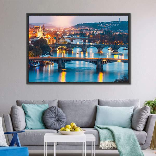 Charles Bridge &amp; Vltava River Canvas Wall Art-1 Piece-Floating Frame-24" x 16"-Tiaracle