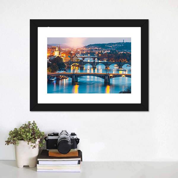 Charles Bridge &amp; Vltava River Canvas Wall Art-1 Piece-Framed Print-20" x 16"-Tiaracle