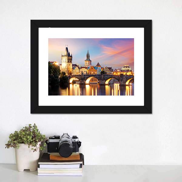 Charles Bridge At Night Canvas Wall Art-1 Piece-Framed Print-30" x 20"-Tiaracle
