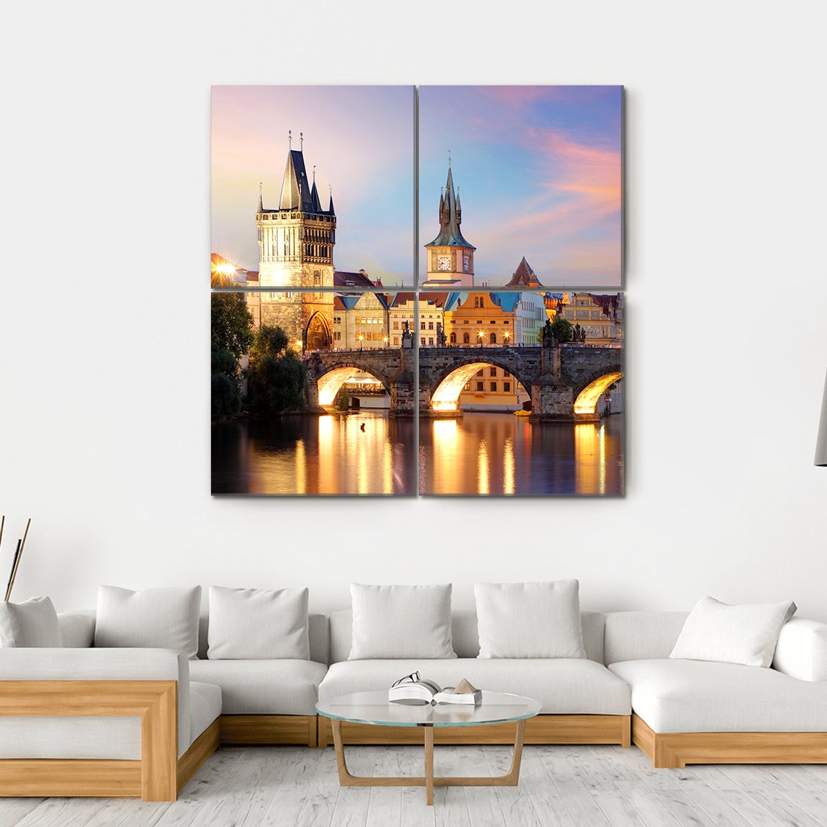 Charles Bridge At Night Canvas Wall Art-4 Square-Gallery Wrap-17" x 17"-Tiaracle