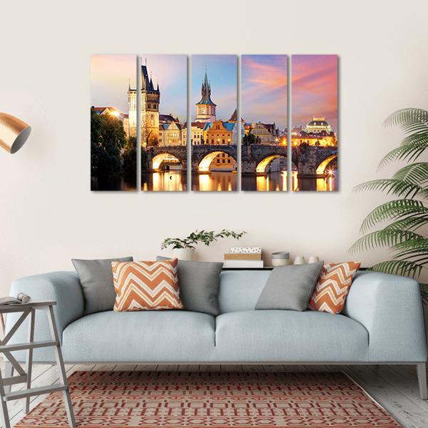 Charles Bridge At Night Canvas Wall Art-5 Horizontal-Gallery Wrap-22" x 12"-Tiaracle