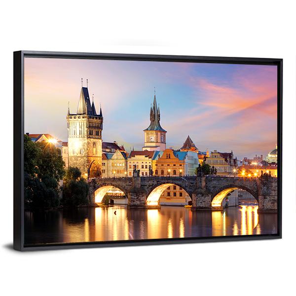 Charles Bridge At Night Canvas Wall Art-3 Horizontal-Gallery Wrap-25" x 16"-Tiaracle