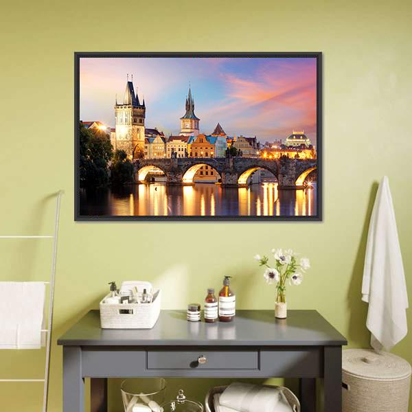 Charles Bridge At Night Canvas Wall Art-1 Piece-Floating Frame-24" x 16"-Tiaracle