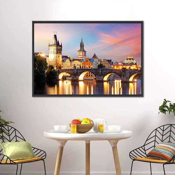 Charles Bridge At Night Canvas Wall Art-3 Horizontal-Gallery Wrap-25" x 16"-Tiaracle